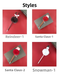 Detail of Christmas plush ball pens featuring Santa, Reindeer, and Snowman designs