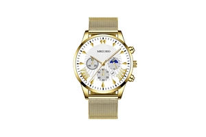 Macro detail of gold mesh strap and white sunray dial on men's quartz watch