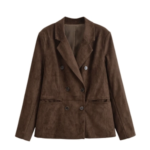 Veste Blazer Femme En Similicuir Suédé Revers Classique Manches Longues Boutonnée Casual Couleur Unie Élégante