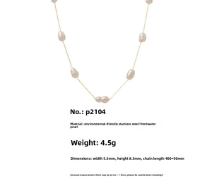 Detail of freshwater pearls on golden stainless steel chain with dimension measurements