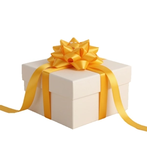 Square cream gift box with yellow satin polyester ribbon and floral decoration