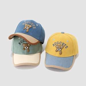 Kids Baseball Cap Cute Bear Patch Corduroy Contrast Color Outdoor Sun Hat For Toddlers Boys Girls