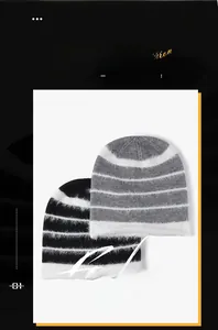 Close-up of soft knit beanie with striped pattern and plush texture for winter
