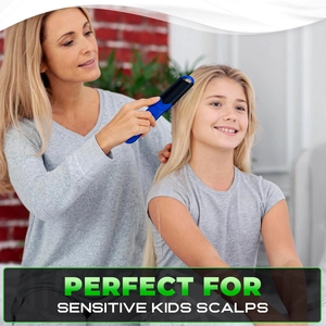 Blue folding hairbrush with mirror used by a woman brushing a smiling girl's blonde hair