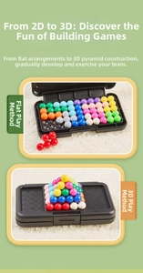 Logic puzzle game with colorful spheres showing both 2D and 3D pyramid play modes