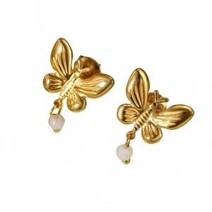 Elegant gold butterfly tassel earrings with white pearls crafted in stainless steel