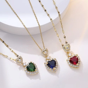 Elegant Heart Pendant Necklace Copper Gold Plated With Zircon And Colorful Gemstone For Women Clavicle Chain Romantic