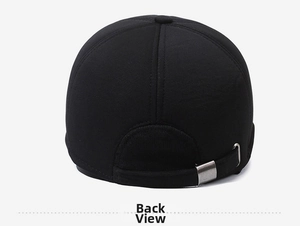 Detail view of the black winter baseball cap back with adjustable metal buckle closure