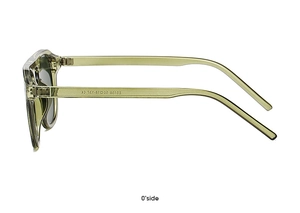 Detail view of transparent olive green sunglasses temples with model E2128 specifications