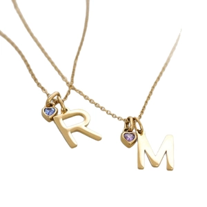 Gold titanium steel heart necklace with personalized letters R and M and purple birthstone
