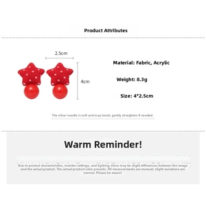 Detail view of red star fabric earrings with dimensions 4x2.5cm and acrylic beads