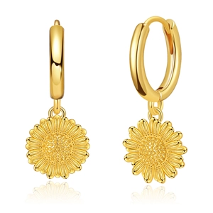 Detail of 18K gold-plated sunflower hoop earrings with textured floral petals