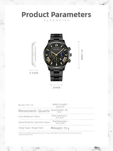Detailed spec sheet showing black stainless steel quartz watch dimensions and features