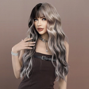 Long wavy synthetic ash grey and black split hair wig with natural bangs for women