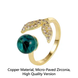 Mermaid Tail Adjustable Open Ring Copper With Micro Pave Zircon And Blue Synthetic Bead Elegant Sea Theme Jewelry For Women