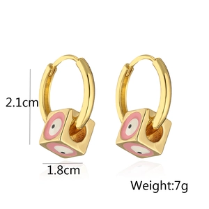 Detailed view of 18K gold plated hoop earrings with pink enamel evil eye charm and dimensions