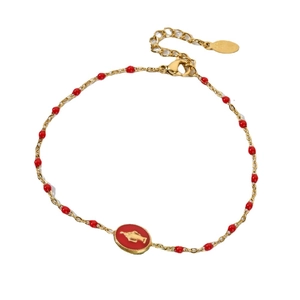 Gold stainless steel bracelet with red beads and Virgin Mary enamel oval pendant charm