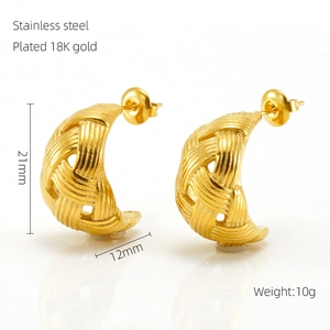 Detail showing 21mm high woven texture gold plated stainless steel hoop earring
