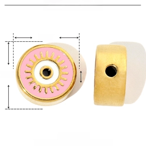 Detailed parameter view of a 12mm pink eyeball bead with gold edges and enamel finish