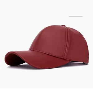 Detailed stitching on classic dark red PU leather baseball cap with six-panel design