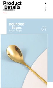 Detail of round edges on golden 304 stainless steel spoon with polished mirror finish