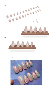 Macro detail of 24pcs almond press-on nails with glitter waves and pastel swirls