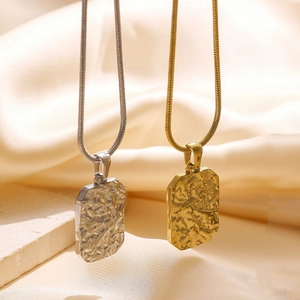 18k gold and silver stainless steel snake chain necklaces with hammered rectangular pendants