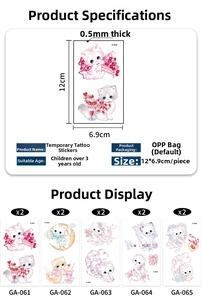 Detailed sheet size 12x6.9cm showing pink Y2K cartoon cat temporary tattoo designs