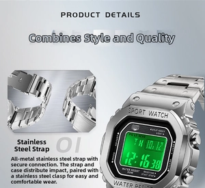 Detailed view of silver stainless steel watch strap and 50M waterproof digital display