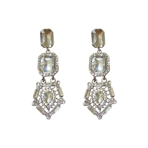 Luxury silver-tone baroque drop earrings with brilliant geometric cut crystals and rhinestones