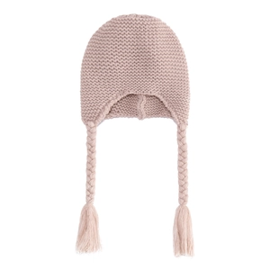 Detailed knit texture of pink baby beanie with long braided tassels and soft lining