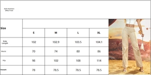 Size chart for women high-street cargo pants including waist, hip, and length measurements
