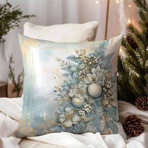 Ice blue floral Christmas pillow cover with elegant white pearls and gold accents
