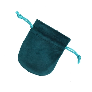 Deep teal velvet jewelry pouch with double drawstring closure for storing accessories
