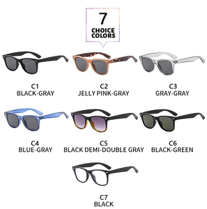Detailed overview of seven classic square sunglasses in various colors and tinted lenses