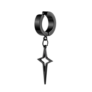 Minimalist black stainless steel clip-on earring with a four-pointed star pendant charm