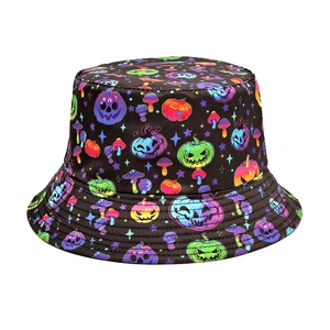 Halloween Bucket Hat Polyester Pumpkin Mushroom Print Sun Protection Fisherman Hat Cartoon Streetwear For Men Women