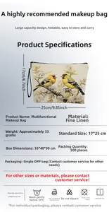 Linen makeup bag detail showing bird floral print, dimensions 17x25cm and wash care guide