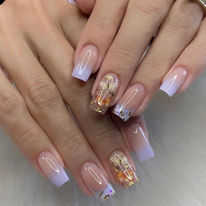 Purple Ombre Press On Nails With Butterfly Patterns Gold Foil Accents Long Coffin Shape Fake Nails For Women
