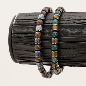 Natural Stone Beaded Bracelet With Stainless Steel Spacers Hematite Tiger Eye Moss Agate Elastic Vintage Jewelry For Men