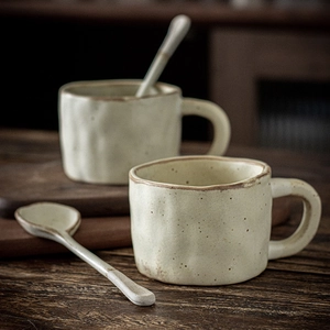 Handmade Ceramic Coffee Mug With Spoon Vintage Matte Porcelain Water Cup Retro Style With Brown Spots