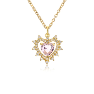 Elegant gold heart pendant necklace with pink zircon and white halo on white background