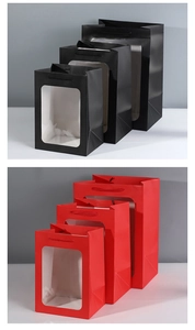 Three sizes of red and black paper gift bags with clear PVC window and handles detail