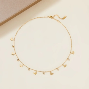 Minimalist gold stainless steel necklace with butterfly charms and round zircon accents