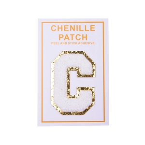 Detail of chenille letter C patch with gold glitter edge and self-adhesive backing