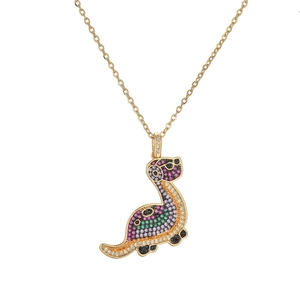 Elegant gold plated dinosaur pendant necklace with colorful rainbow cubic zirconia