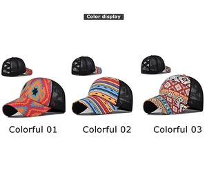 Detail view of colorful geometric print trucker hats with criss-cross elastic ponytail hole