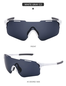 Front and 45-degree side views of white outdoor sports cycling sunglasses with gray lenses