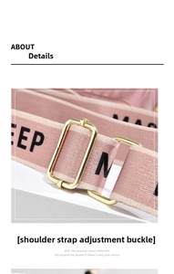 Detailed close-up of pink woven shoulder strap with gold metal adjustment buckle