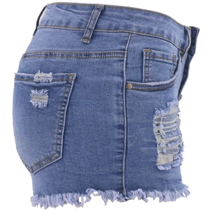 Short en jean bleu à taille haute pour femme avec découpe latérale et ourlet effiloché